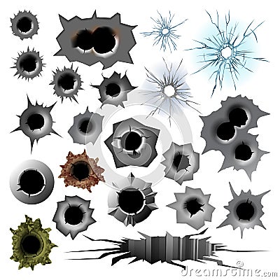 Bullet hole track trace sign gunshot crack torn steel war target break vector illustration. Vector Illustration