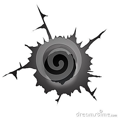 Bullet hole on white background. Realisic metal bullet hole, damage effect. Vector illustration. Vector Illustration