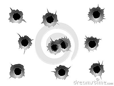 Bullet holes. Realistic bullet traces, circle holes in metal wall. Military shooting range, steel rip grunge texture Vector Illustration