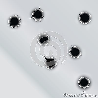 Bullet holes vector. Hole set from bullets of pistol in metal surface Vector Illustration