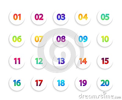 Bullet icons. Numbers in white circle. Round gradient points for infographic. List of creative buttons from 1 to 20. Set of modern Vector Illustration