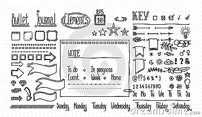 Bullet journal and diary elements set on dot texture. Cute Hand drawn Doodle Banners for notebook. Numbers and days of Vector Illustration