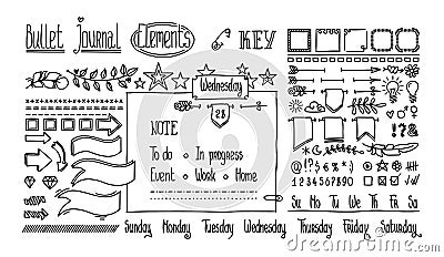 Bullet journal hand drawn elements for notebook, diary. Cute Hand drawn Doodle Banners isolated on white. Numbers and Vector Illustration