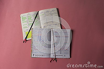 Bullet Journal notebooks on pink table, with task list activity, habit tracker on white sheets with many colors of pens Stock Photo