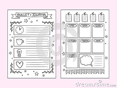 Bullet journal pages. Vector design templates of hand drawn notes and dividers frames organizer or planner Vector Illustration