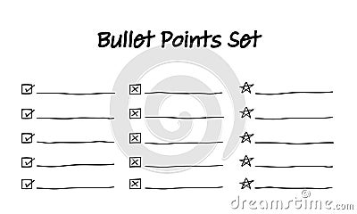 Bullet list set of check symbols, simple design in three style Vector Illustration