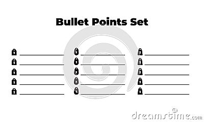 Bullet list set of padlock, simple design in three style. Vector Illustration