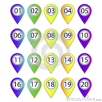 Bullet numbers. Map pointer icon. Pin point icon. Arrow vector icon. Vector graphic. 20 steps. Vector illustration. Vector Illustration