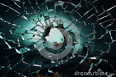 Bullet pierced glass, creating a web of radial cracks outward Stock Photo