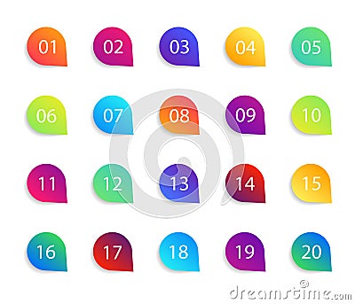 Bullet point icons with numbers. Color circles for infographic with shadow. Markers with number 1 to 20. Rounds for buttons, tags Stock Photo