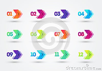 Vector Illustration Modern Colorful Bullet Points With Number 1 To 12. Arrows In Cyber Look Vector Illustration