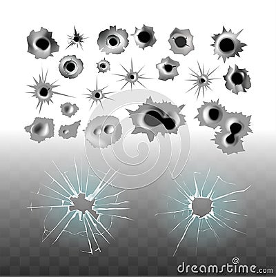 Bullet shot holes glass cracks, vector bullets marks on vector transparent background Vector Illustration