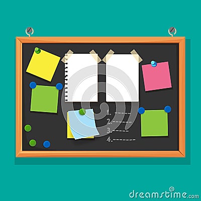 Bulletin board with paper notes, do list on black corkboard Vector Illustration