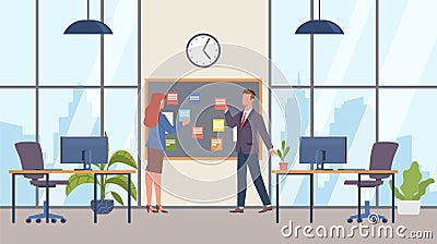 Bulletin board on wall in office filled with employee tasks. Man and woman planning, colorful stickers on blackboard Vector Illustration