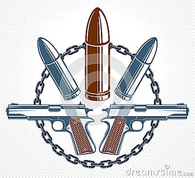 Bullets and guns vector emblem of Revolution and War, logo or tattoo, anarchy and chaos concept, criminal and gangster style, Vector Illustration