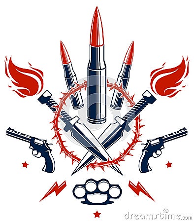 Bullets and guns vector emblem of Revolution and War, logo or tattoo with lots of different design elements, anarchy and chaos Vector Illustration