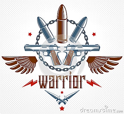 Bullets and guns vector emblem of Revolution and War, logo or tattoo with lots of different design elements, anarchy and chaos Vector Illustration