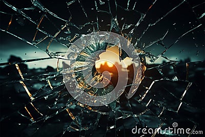 Bullets impact fractured glass, forming radial cracks around the hole Stock Photo