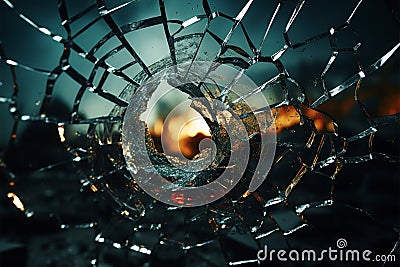 Bullets impact fractured glass, forming radial cracks around the hole Stock Photo