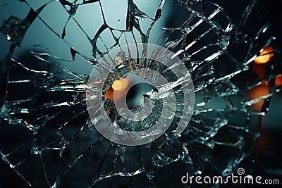 Bullets impact fractured glass, forming radial cracks around the hole Stock Photo
