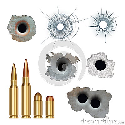 Bullets realistic. Damaged cracked gun holes surfaces and bullets different caliber armor rifles vector collection Vector Illustration