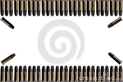 Bullets and shell bullets on white background. A group of 9mm bullets for a gun isolated on white background. Ammunition on white Stock Photo