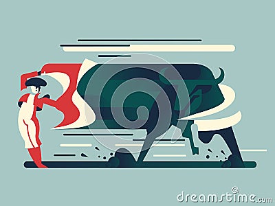 Bullfight, bull runs to the bullfighter. Vector Illustration