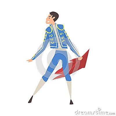 Bullfighter, Toreador, Picador Character Dressed in Blue Costume, Spanish Corrida Traditional Performance Cartoon Style Vector Illustration