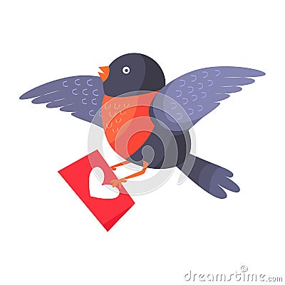 Bullfinch Bird with Red Chest Hold Love Envelope Vector Illustration