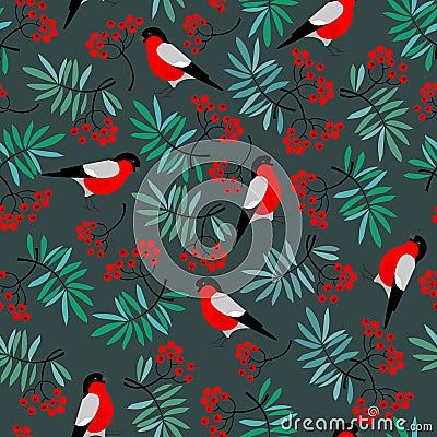 Bullfinch birds seamless pattern with Mountain ash leaves and berries Vector Illustration