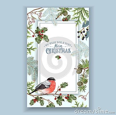 Bullfinch Christmas frame Vector Illustration