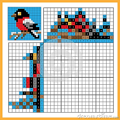 Bullfinch. Colorful japanese crossword with answer. Color by numbers. Coloring book for kids. Nonogram. Puzzle Game for school Vector Illustration