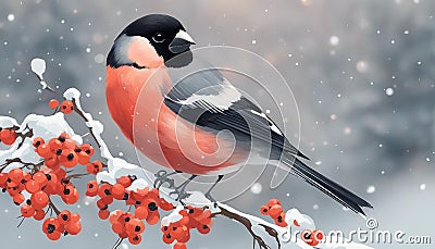 Bullfinch on a rowan branch. Beautiful winter Christmas wildlife vector illustration. Festive landscape. Cartoon Illustration