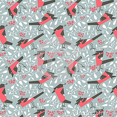 Bullfinch seamless pattern in flat simple style. Doodle floral b Vector Illustration