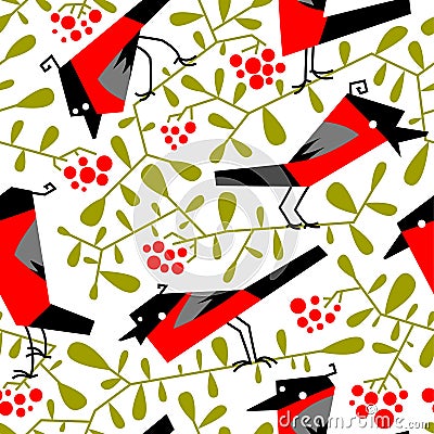 Bullfinch seamless pattern in flat simple style. Doodle floral b Vector Illustration