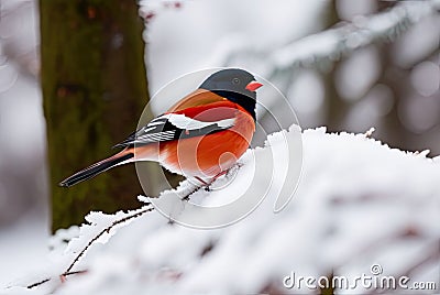 Bullfinch on a tree branch in the winter forest. Generative Ai Stock Photo