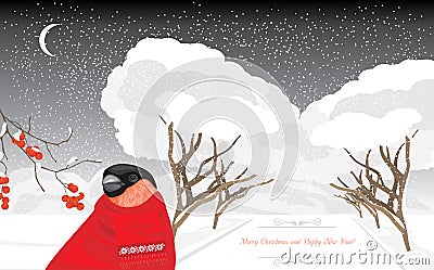Bullfinch in the winter park. Christmas card Vector Illustration