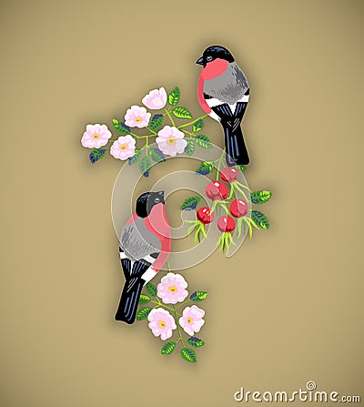 Bullfinches and roses Cartoon Illustration