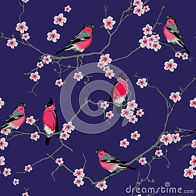 Bullfinches on the sakura branch purple seamless vector pattern Vector Illustration