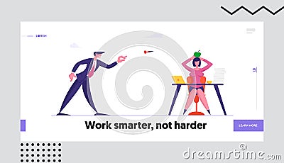 Bulling at Work, Aggression and Stress Website Landing Page. Businessman Throw Darts to Apple Lying on Head Vector Illustration