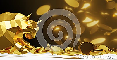 Bullish and gold coin falling on black background 3D render Stock Photo