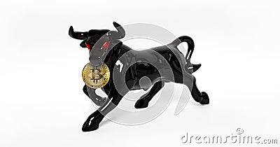 Bullish trend of Bitcoin crypto currency. Bitcoin gold coin and black bull. Virtual cryptocurrency concept Stock Photo