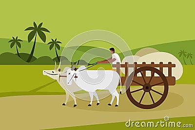 A villager transports goods in a bullock cart Vector Illustration