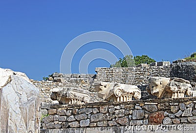 Bulls heads. Ephesus ruins. Ancient Greek city on the coast of Ionia near Selcuk Stock Photo