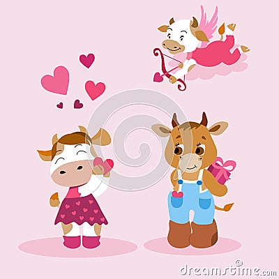 Bulls in love. The bull gives a gift to the ladybug for the holiday Valentines Day. A cow holding a valentine. Celebrating Stock Photo