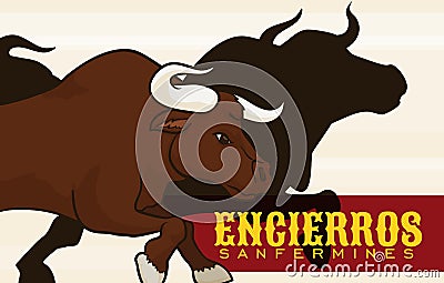 Bulls Silhouette and Red Label for Spanish San Fermin Celebration, Vector Illustration Vector Illustration