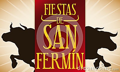 Bulls Silhouette and Red Label for Spanish San Fermin Celebration, Vector Illustration Vector Illustration