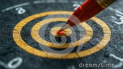 A close-up shot of a dart board with a single dart perfectly embedded in the center bullseye AI Gerenated Stock Photo