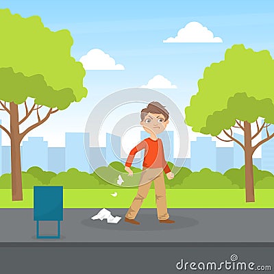 Bully Boy Littering in the Park, Kids Aggressive Uncontrollable Behavior Cartoon Vector Illustration Vector Illustration