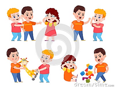 Bully child. Cartoon bad kid fight and mock crying girl. Verbal and physical bullying. Problem behavior children in Vector Illustration